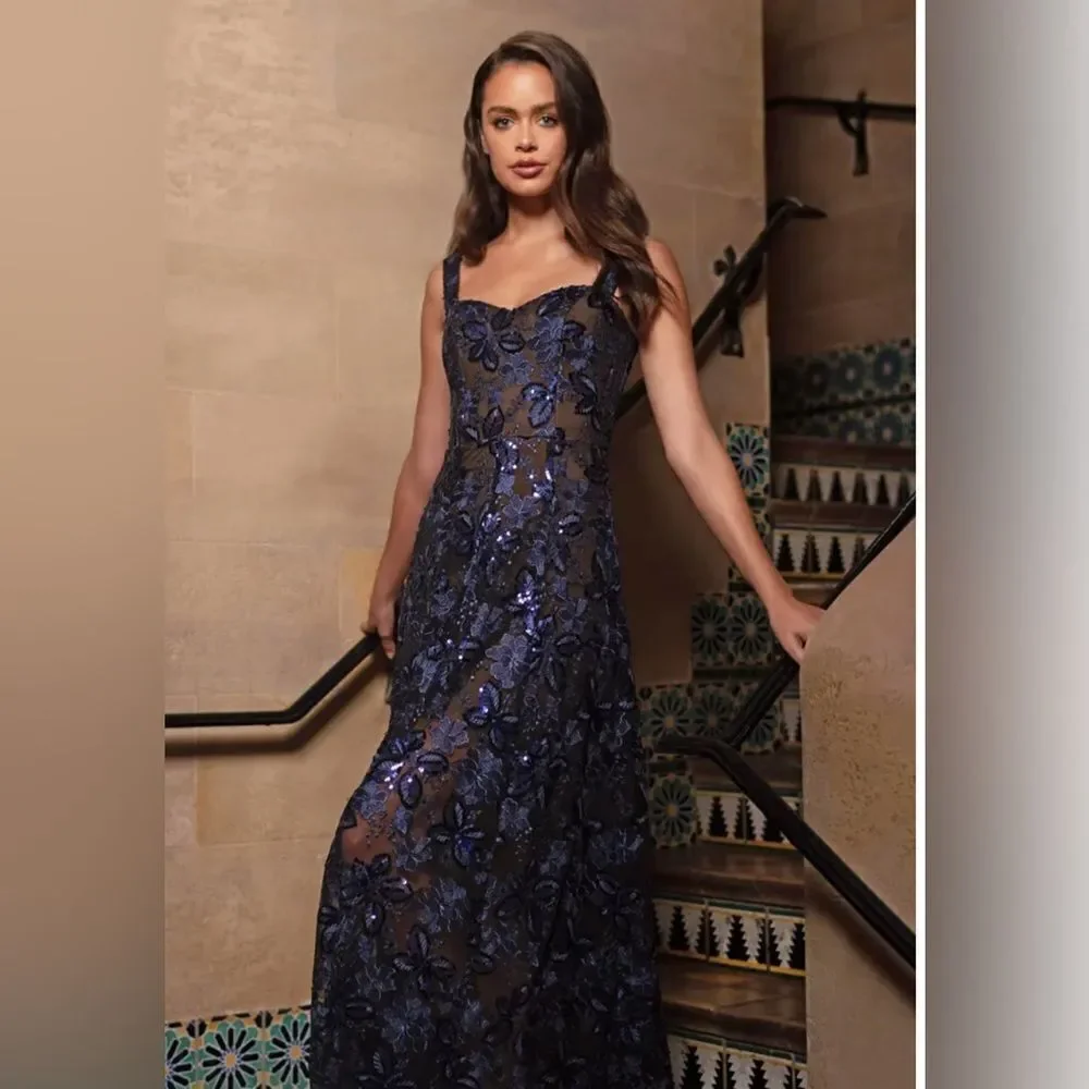 Dress the population anabel floral sequin gown navy small new prom maxi event - Picture 2 of 16